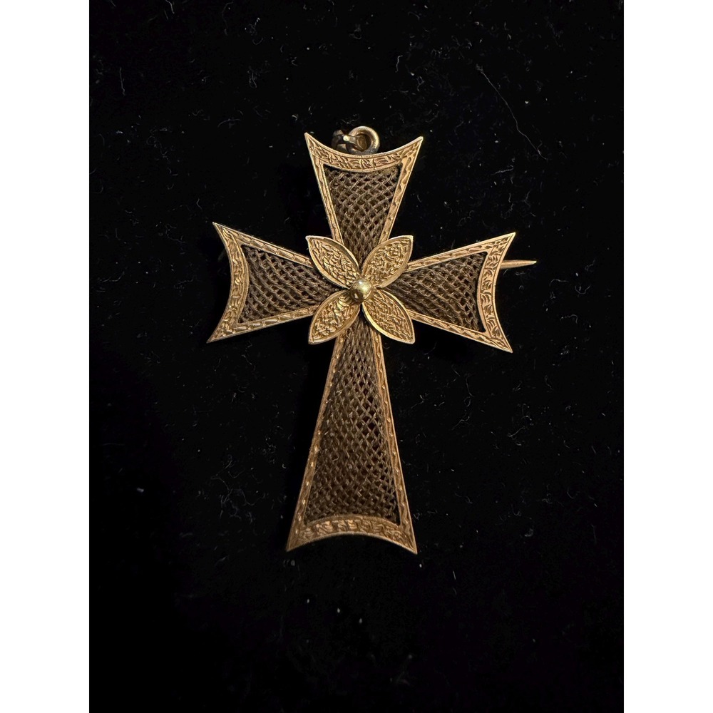 Victorian Mourning Hair Jewelry 14k Gold Cross Pendant